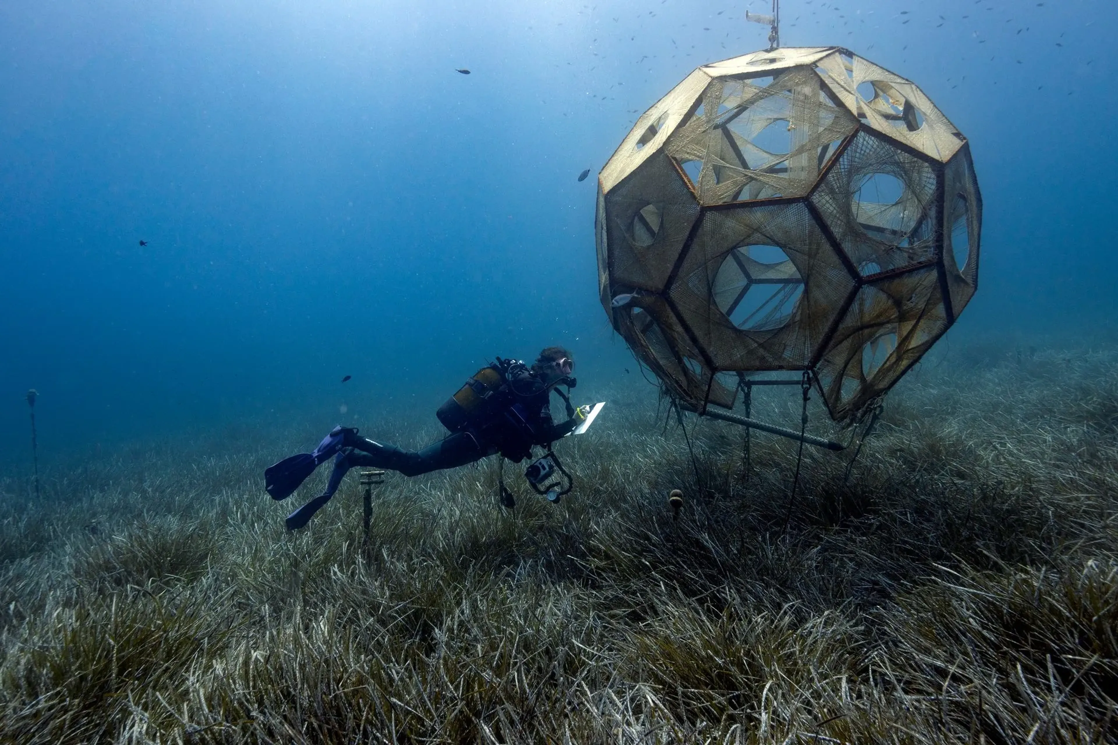 «Kiki Prototype.» Design: Rasa Weber, rasaweber.com. Photo: Stéphane Jamme @stepp_aquanaute. PhD Project: «SymbiOcean». Location: STARESO - Calvi (FR). Diver: Noémie Chabrier. Date: June 2023. @rasaweber @nonosousleau @mattersofactivity @interactiondesign_zhdk #symbiocean. SNF research project: «Interfacing the Ocean». Hosting University: Zurich University of the Arts & University of Art and Design Linz. Photo: Stéphane Jamme @steph_aquanaute.